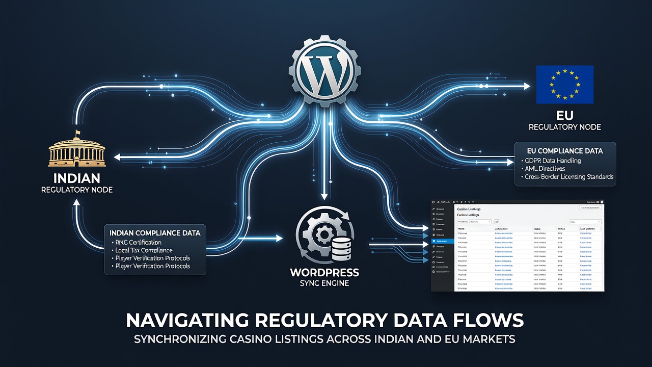 Diagram van WordPress synchronisatie tussen Indiase en Europese casino databases